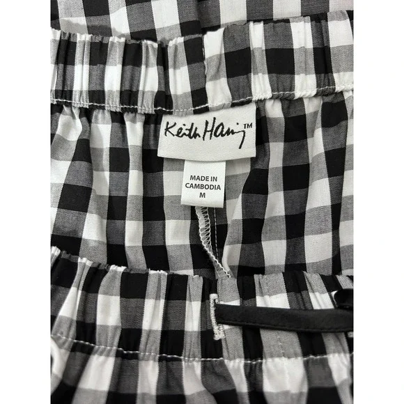 Keith Haring Pajama Set Womens Medium Black Gingham Check Heart Love Cotton - Picture 10 of 15